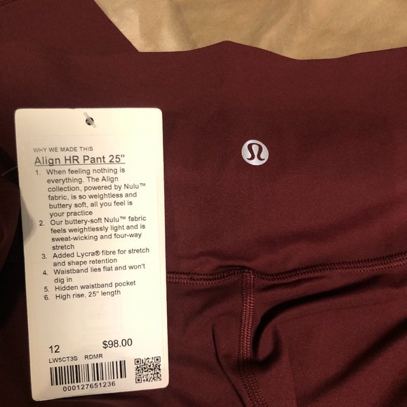 NWT lululemon Align HR Pant 25. Sizes 12 and 16. Red Merlot. - Picture 4 of 8